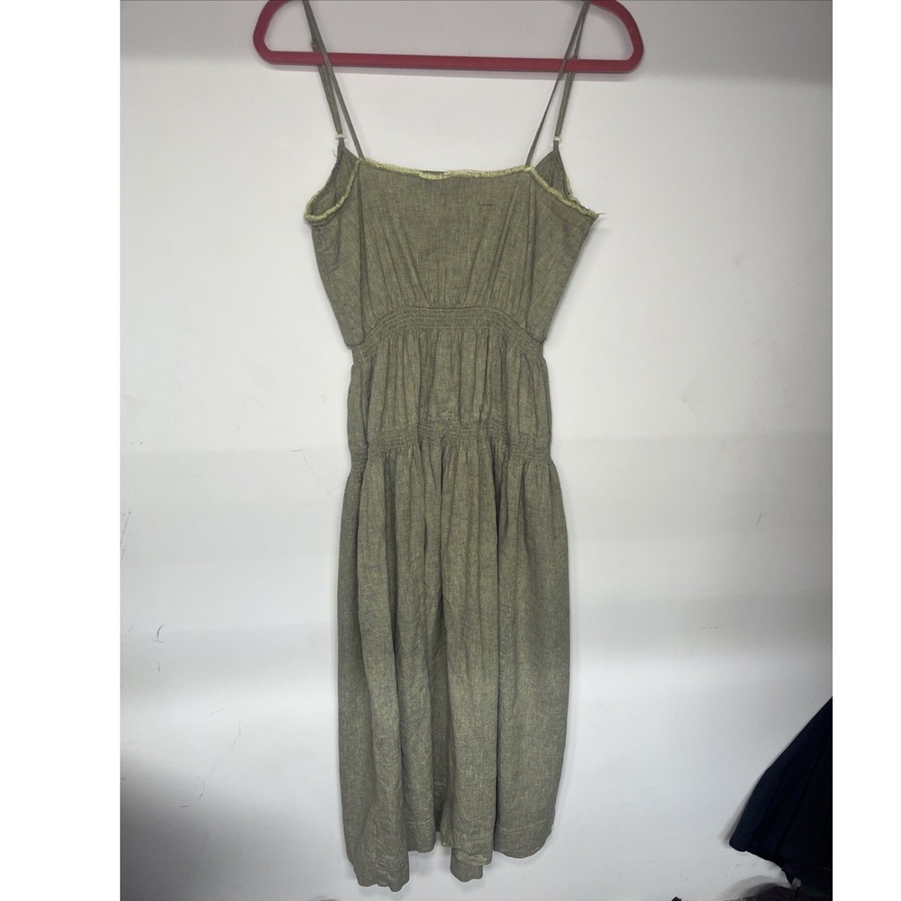 Urban Outfitters Linen Blend Midi Dress Sage Olive Green Smocked Button Front M - Picture 11 of 13